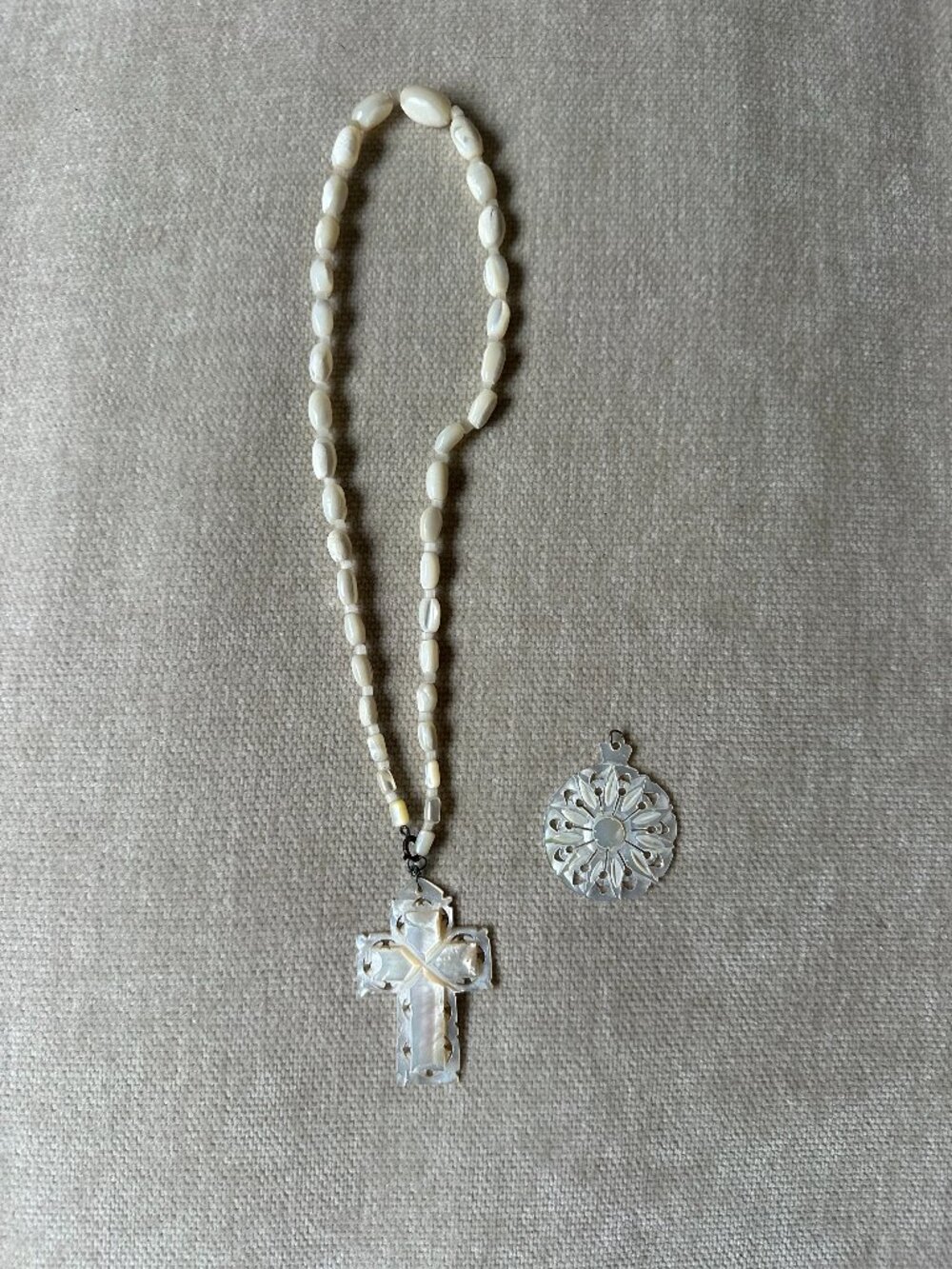 Vintage Carved Mother of Pearl Cross Necklace and Flower Pendant